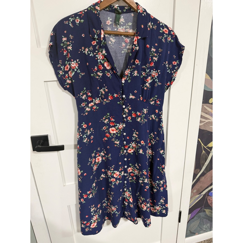 Wild Fable Navy Blue Floral Button Front Midi Dress Tie Back Short Sleeve Large